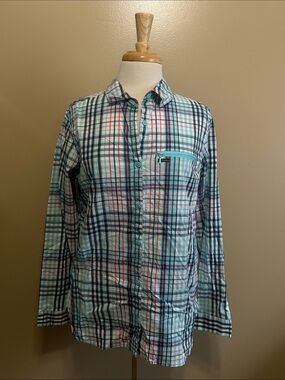Columbia Turquoise Plaid Button-Down Shirt with Pink Accents